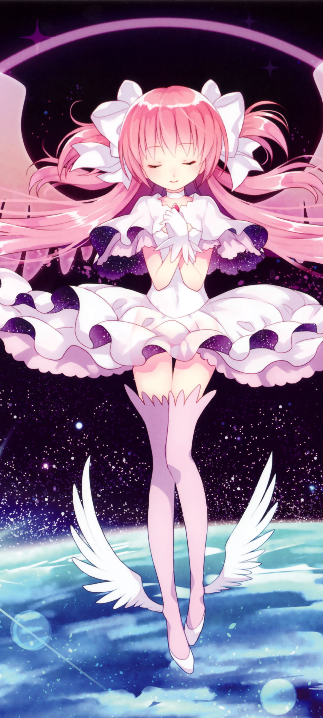 Anime-style Puella Magi Madoka Magica character with pink hair and white dress, floating above Earth in a cosmic background, designed as a phone wallpaper for iPhone and Android.