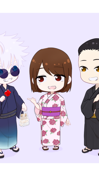 Phone wallpaper of chibi Jujutsu Kaisen characters in summer kimono: white-haired character with sunglasses and candy apple, brown-haired girl in pink floral yukata waving, black-haired boy in black kimono.