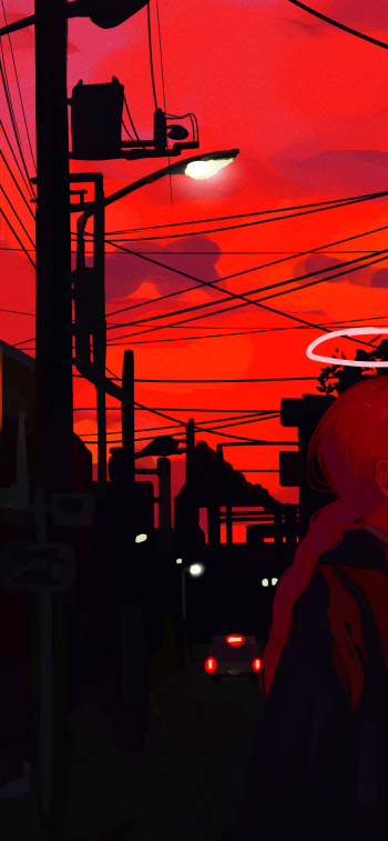 Chainsaw Man anime phone wallpaper — crimson sunset over a silhouetted city, tangled power lines, glowing taillights, and a partially seen character at the right edge.