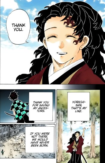 Phone wallpaper from Demon Slayer: Kimetsu no Yaiba — smiling long-haired character in a kimono beneath a blue sky, overlaid with manga panels and a speech bubble reading Thank you.