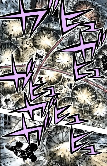 Anime phone wallpaper — Demon Slayer: Kimetsu no Yaiba manga-style panel of explosive shockwaves and debris, bold purple onomatopoeia streaking across the page and a lone figure in the lower corner.