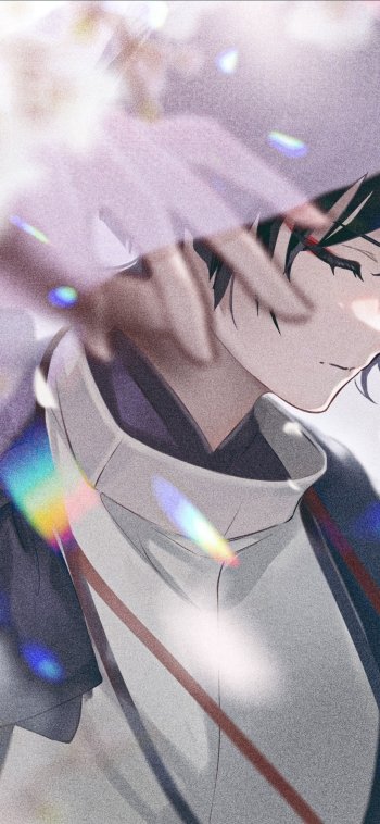 Genshin Impact phone wallpaper on iPhone and Android: close-up side portrait of a serene character in soft light, with falling petals and prismatic light flares.