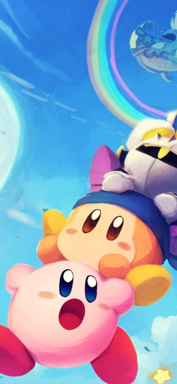 Colorful Kirby-themed phone wallpaper featuring Kirby and friends flying through a bright blue sky with a rainbow, designed for both iPhone and Android devices.